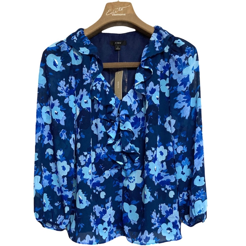 SM•NWT•J.CREW•RUFFLE V-NECK WATERCOLOUR BEGONIAS BLOUSE•